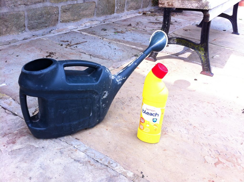 You can use a watering can or any suitable container to mix the bleach and water.